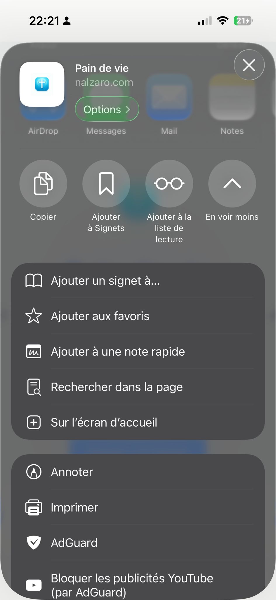 Menu de partage iOS